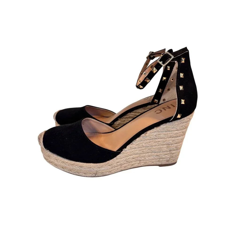 I.N.C. Masin Black Ankle Strap Espadrille Wedge Sandals Studded‎ Detail 8M